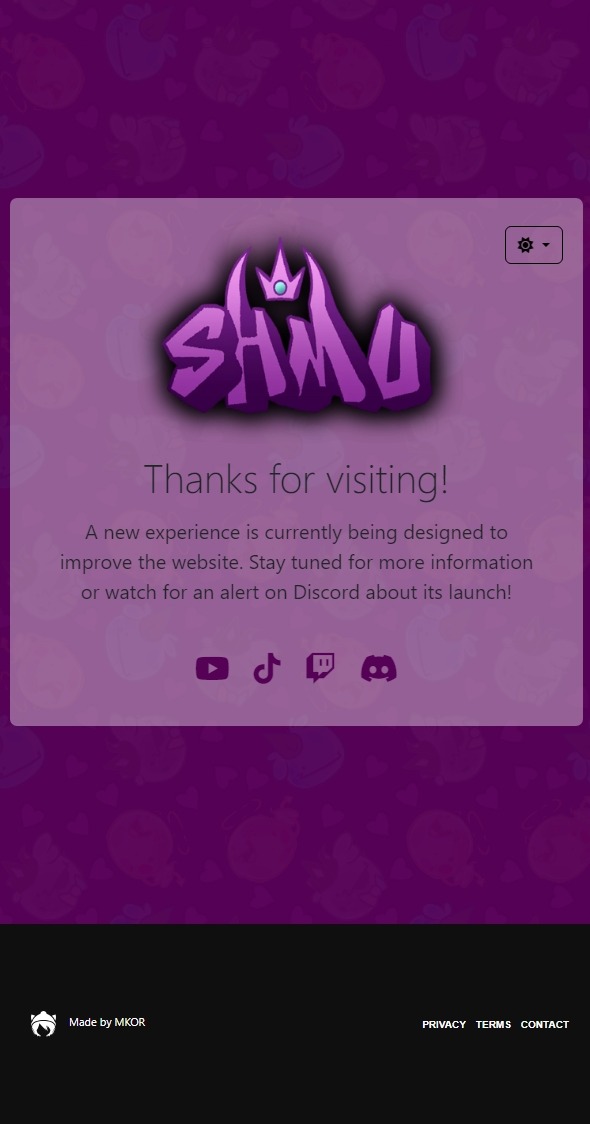 Purple website thank-you message with social media icons.